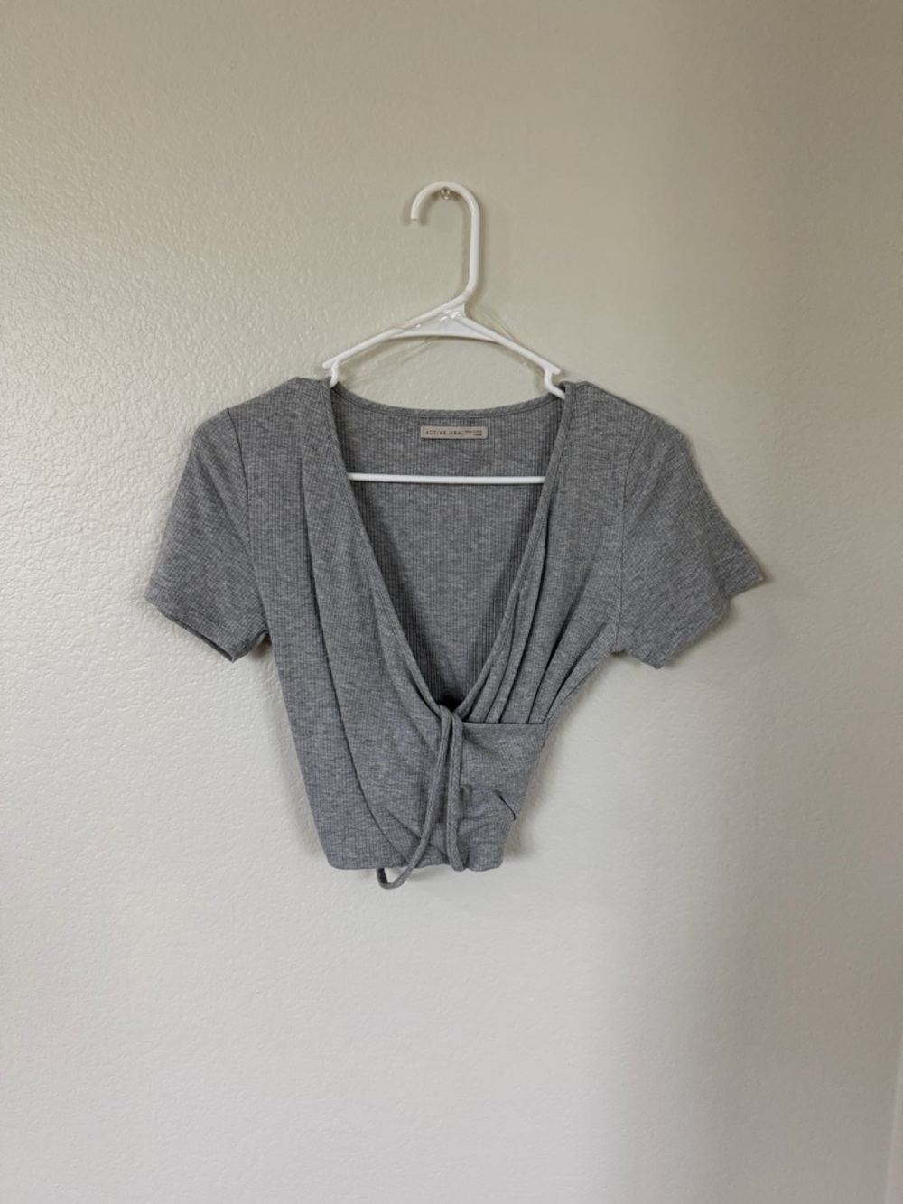 Wrap-Front Ribbed Crop Top - Gray